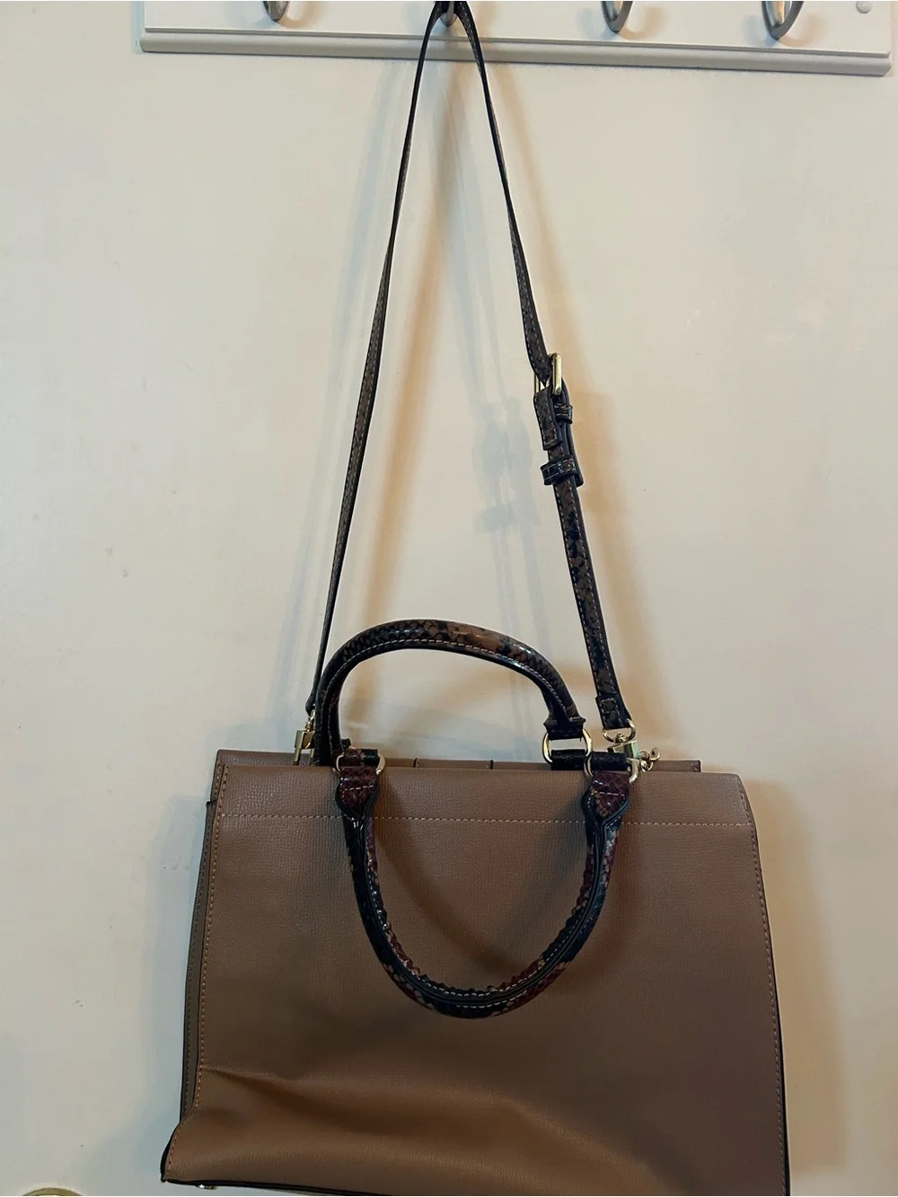 Gianni Bini Taupe Structured Satchel with Gold Chain Accent